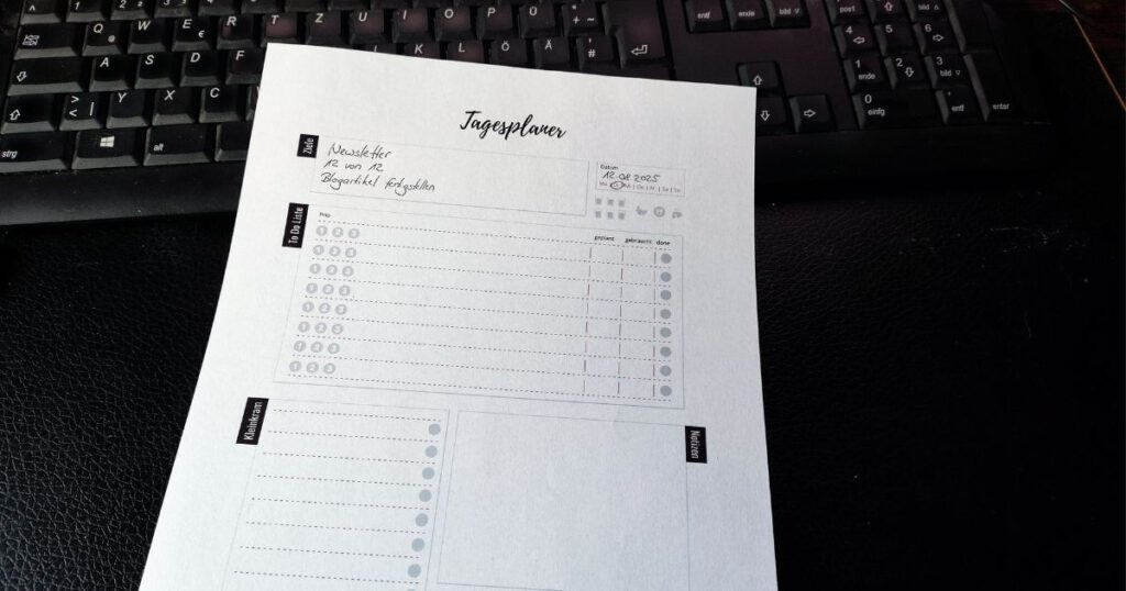 Tageplan mit Tasks für den Newsletter und einen Blogartikel