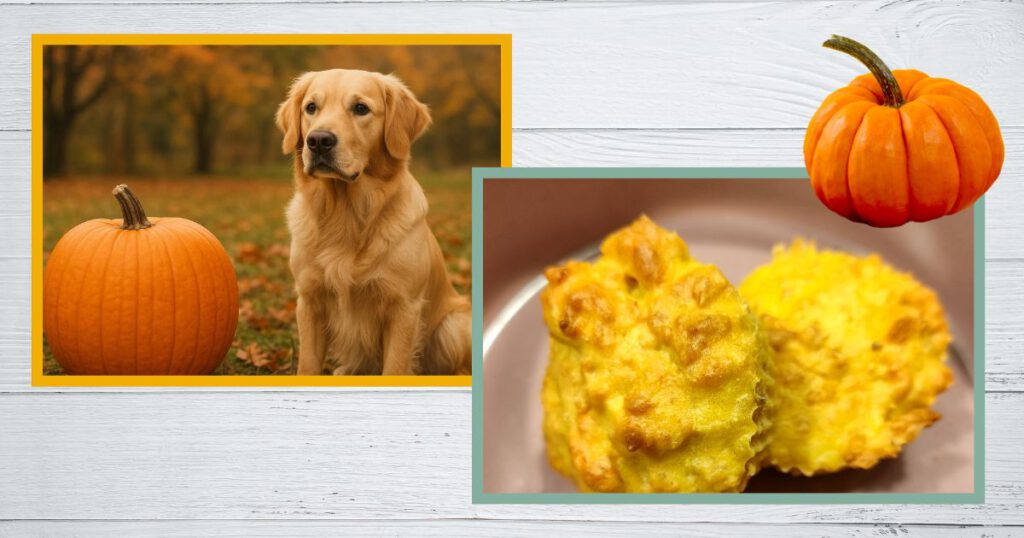 Kürbis Hund - Bild eines Golden Retriever mit einem Kürbis und Kürbismuffins für Hunde