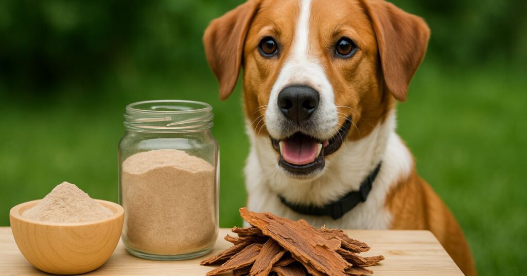 Ulmenrinde Hund - ein braun weißer Hund sitzt vor einem Tisch mit Ulmenrinde darauf